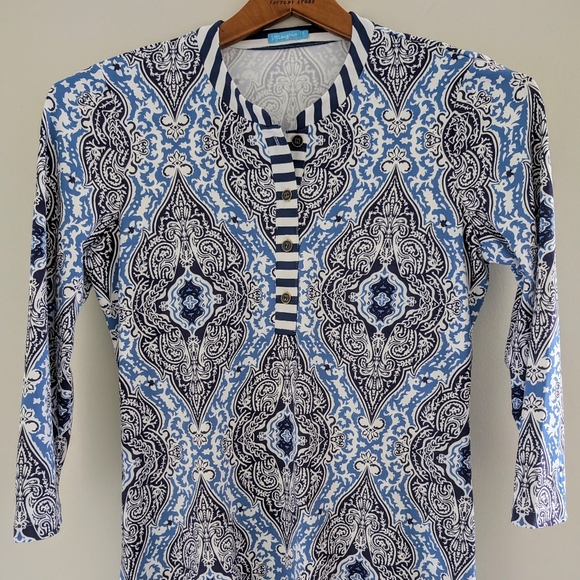 J. McLaughlin Tops - J. McLaughlin Catalina Cloth Tunic Top WOMEN'S S Biscayne Damask White Navy